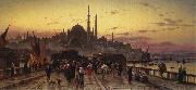 Hermann David Solomon Corrodi Dusk on the Galata Bridge and the Yeni Valide Djami, Constantinople oil painting artist